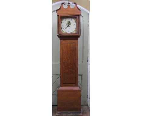 A Georgian oak cottage longcase clock enclosing a square painted dial, to the spandrels stooks of corn, to the centre a cocke