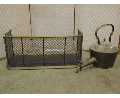 A small 19th century brass and wirework fender 77 cm wide x 31 cm high together with a further 19th century copper kettle wit