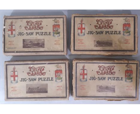 4 vintage GWR wooden jigsaws by Chad Valley including 'King George V' x2, 'The Cornish Riviera Express' and 'Caerphilly Castl