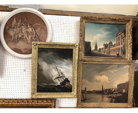 Four framed prints to include - three in moulded gilt frames: maritime print on canvas, town scenes on paper; circular framed