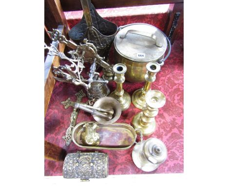 Assorted brass ware consisting of coal bucket, candlesticks, pestle and mortars, a decorative wall hung bell, trinket box , c