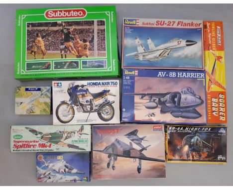 Collection of vintage model kits and a game comprising boxed Subbuteo (missing 4 flags), kits by Tamiya, Airfix, Academy, Hel