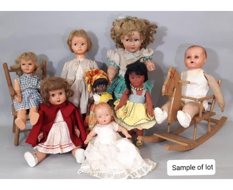 A large collection of vintage celluloid and plastic dolls including 2 Italian dolls by Bonomi in original clothes, both with 