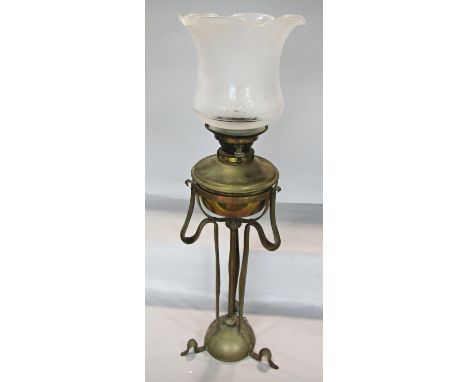 An early 20th century Art Nouveau brass Hinks Safety oil lamp with a flared glass shade. 74cm high. 