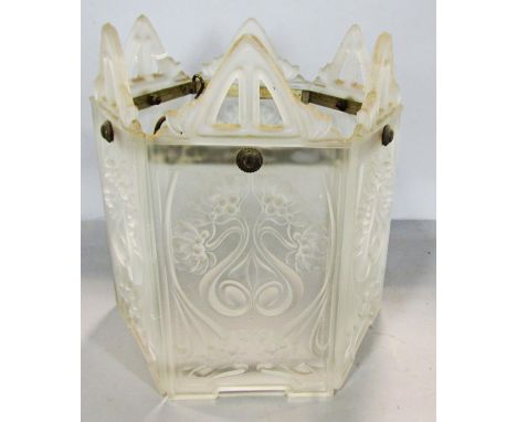 An Art Nouveau hexagonal frosted glass light shade, 21cm high x 18cm wide. 