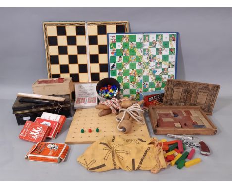 Box of vintage toys and games including skipping ropes, draughts, chess, 'Richter Anchor Box' of building blocks, playing car