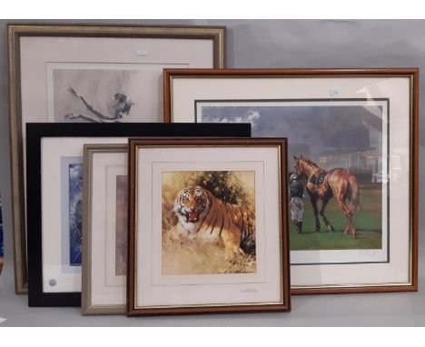 Five framed works to include: Tom Baker signed Dr. Who poster with certificate of authenticity verso, 40 x 50 cm; 'The Long W