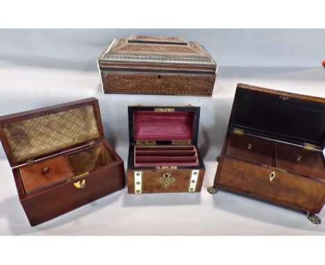 A 19th century walnut and brass banded domed stationery box, a mahogany and rosewood beaded tea caddy, a Damascus box, and an