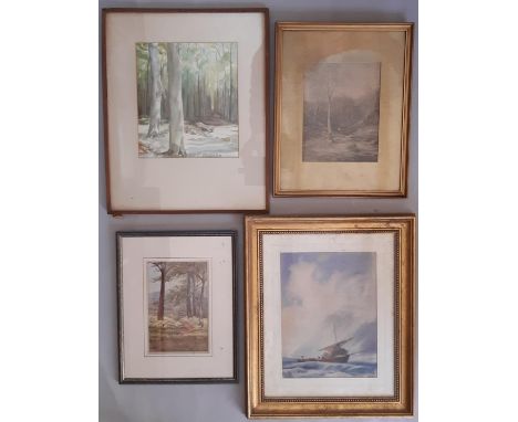 Three framed watercolours and one print to include: Woodland scene, signed 'Johnson' lower right, watercolour on paper; Trees