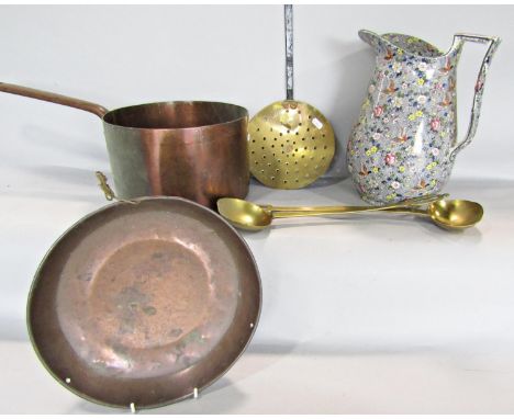 A large high sided vintage copper sauce pan 16.5 cm high x 25.5cm diam , two brass ladles, wrought iron and brass skimmer, a 