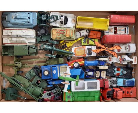 A collection of unboxed playworn model vehicles including Dinky Spectrum Pursuit Vehicle 014 and Maximum Security Vehicle 105
