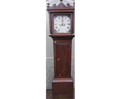 A Georgian oak longcase clock, the square hood with column supports, set beneath a shaped pediment enclosing a square painted