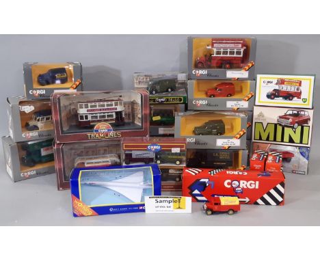 Large collection of boxed model vehicles by Corgi including vans and trucks from the Classics range, also trams, cars, Concor