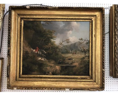 Hunting scene print on canvas in antique gilt frame, frame dimensions approx. 83 x 72 cm 