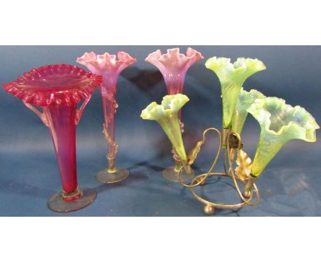 A 19th century four branch epergne with Vaseline glass shades, a pair of Stourbridge type pale pink floral vases, a single St
