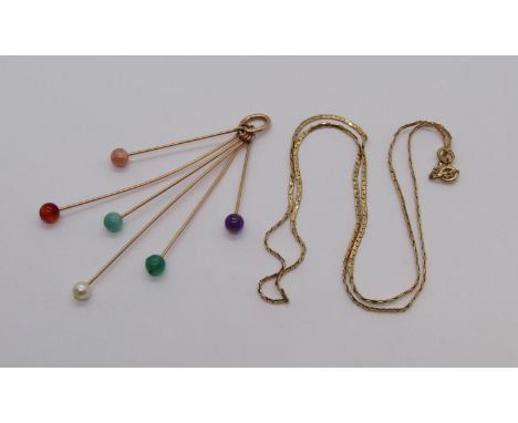 Yellow metal multi-gem bead pendant and a vintage 9ct chain necklace, 5.6g total (2) 