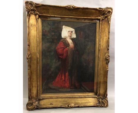 John Hassall (British, 1868-1948) - Lady in red cloak, watercolour on paper, signed lower left, 45 x 60 cm, glazed in gilt fr