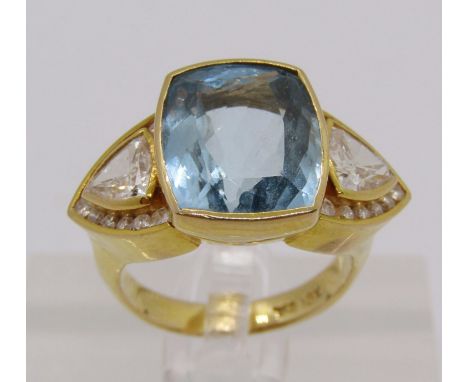 18ct aquamarine and trillion-cut diamond cluster cocktail ring, ring head 2.4cm W approx, size K/L, 7.9g 