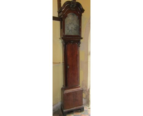 19th century Dutch longcase clock, with full length door, supporting the hood with shaped canopy, enclosing a hammered pewter