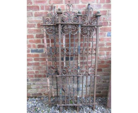 Three matching sections of 19th century wrought iron railing, with C scroll and further detail,  183 cm high x 44 cm wide (af
