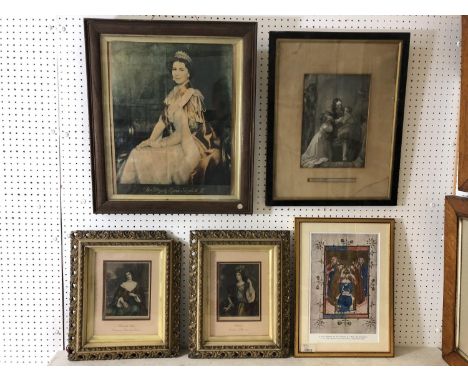 Five framed prints of royalty to include: 'Her Majesty Queen Elizabeth II', vintage offset print, 44 x 35 cm; 'Charles Taking