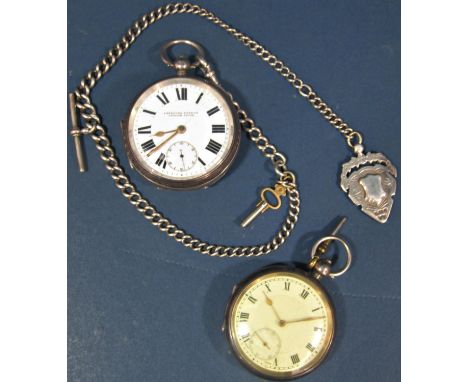 Two silver pocket watches both with enamel dials, together with a silver chain and fob 