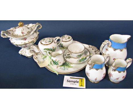 A collection of 19th century porcelains including a cabaret set with hand painted floral detail, a sucrier with hand painted 