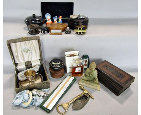A miscellaneous collection of items including a vintage Geoffrey &amp; Co brass fishing reel, a brass toffee hammer, a GEC li