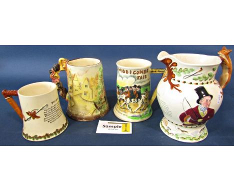 A miscellaneous collection including four Crown Denby jugs, (two musical) two Staffordshire figures including Dick Turpin, a 