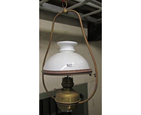Victorian hanging oil lamp with brass frame and reservoir (complete with opaque glass shade), together with one other (2)