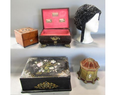 A papier-mâché mother of pearl inlaid jewellery box, a 19th century octagonal trinket box with a velvet hinged lid, a leather