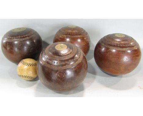 Four vintage wooden bowls numbered 1 to 4 with the initials T R, an unusual leather white jack, held in a brown leatherette b