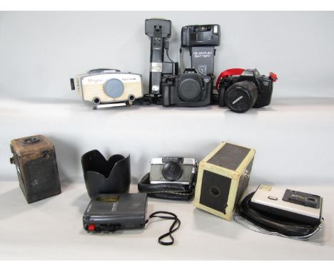 Photographic equipment including two Canon EOS 650 both with Tamron zoom lens, a flash gun, a vintage roll box camera (af), a