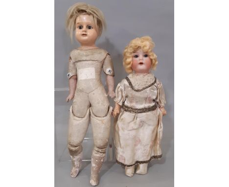 2 small early 20th century German dolls; one has bisque head marked 407.15/0 (indistinct), with composition arms, closing blu