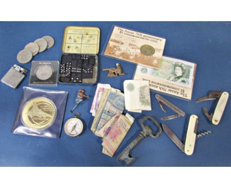 One lot of interesting miscellaneous effects to include pen knives, Farewell to Concorde gold plated medallion, compass, bank