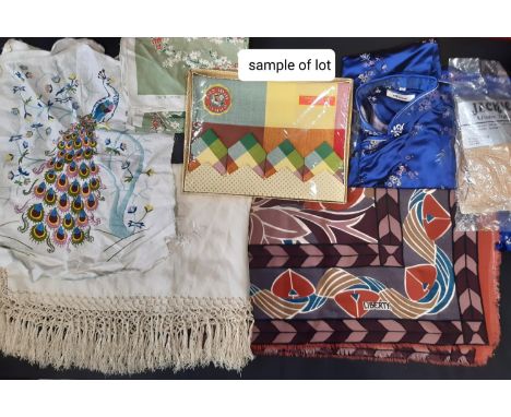 Mixed box of textiles including a woollen Liberty scarf, a fringed silk shawl, an embroidered panel featuring a peacock, a sa