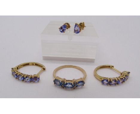 Group of 9ct jewellery comprising a sapphire and diamond ring, size J/K and two pairs of tanzanite earrings, 4.1g total, ring