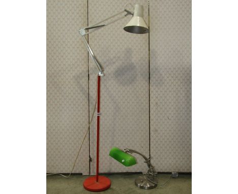 A retro anglepoise lamp with disc shaped platform base together with a further desk lamp with brushed chrome disc shaped base