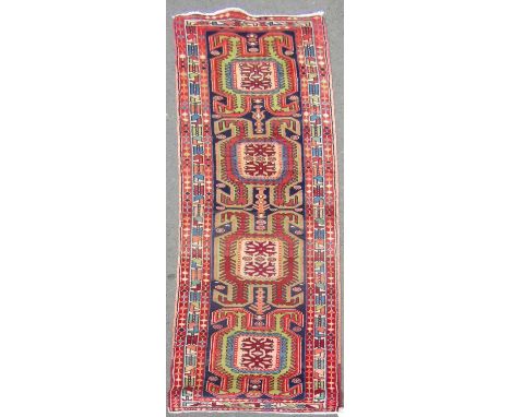 North west Persian Ardebil runner repeating hooked colourful medallions to centre in  290cm x 68cm approx 