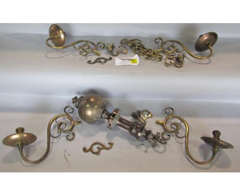 An early 20th century brass Dutch style ceiling light with six branches, in need of reconstruction. 