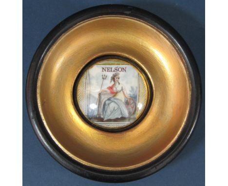 Early 19th century painting on panel, commemorating Nelson showing Britannia with shield and trident, circular framed with pr