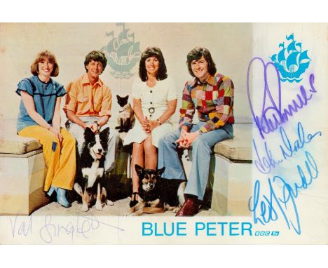 Blue Peter vintage multi signed 7x5 inch colour promo photo presenters Valerie Singleton, Lesley Judd, John Noakes and Peter 
