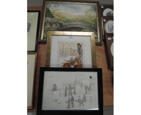 Three framed pictures, an acrylic Young Foxes signed Joyce Percival, an of a bridge signed Liam Sykesand a sketch Whitehave 
