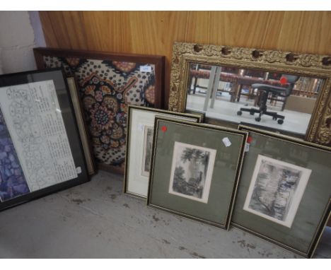 A selection of framed pictures, tapestry and a gilt mirror