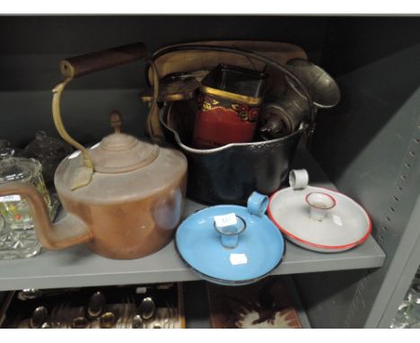 Two enamel nightstands, a cast jam pan, vintage tin and pie moulds, mincer and copper kettle