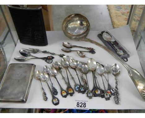 A cigarette case dated 1893, a good lot of collector's spoons, ladle etc.,
