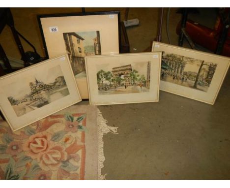 A Rembrandt artist proof 'House on Props, Polperro' and three Parisian Landmark prints.
