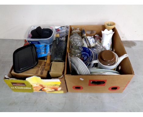 Two boxes containing miscellaneous to include antique and later blue and white plates, Aynsley vase, glassware, CDs, hand too