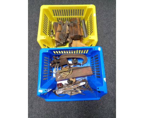 Two plastic baskets containing vintage woodworking planes, clamps, precision tools etc  