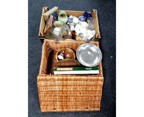 A box containing 20th century china and glass commemorative wares etc together with a wicker hamper containing set of kitchen